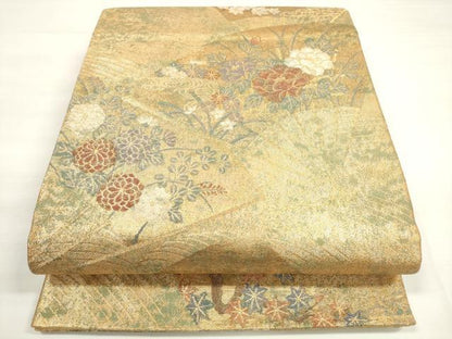 平和屋着物◎佐賀錦　六通柄袋帯　扇面草花文　金糸　正絹　逸品　DABC5907xg
