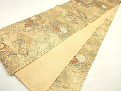 平和屋着物◎佐賀錦　六通柄袋帯　扇面草花文　金糸　正絹　逸品　DABC5907xg
