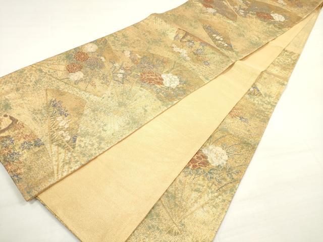 平和屋着物◎佐賀錦　六通柄袋帯　扇面草花文　金糸　正絹　逸品　DABC5907xg