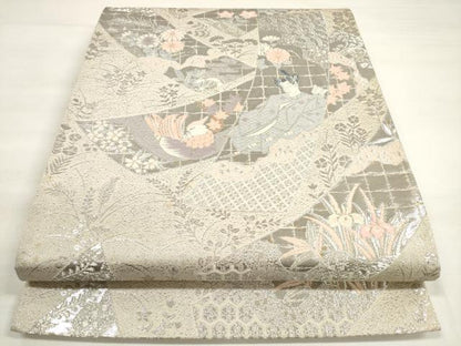 平和屋着物◎六通柄袋帯 唐織 短冊人物花鳥文 プラチナ箔 正絹 逸品 DABC5910xg