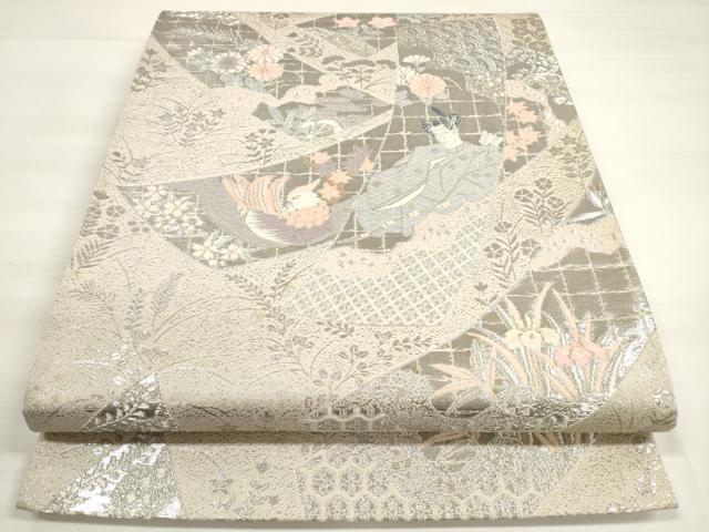 平和屋着物◎六通柄袋帯 唐織 短冊人物花鳥文 プラチナ箔 正絹 逸品 DABC5910xg