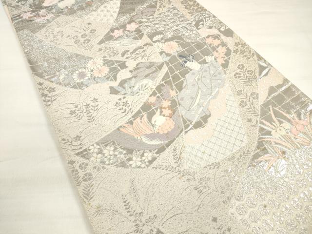 平和屋着物◎六通柄袋帯 唐織 短冊人物花鳥文 プラチナ箔 正絹 逸品 DABC5910xg