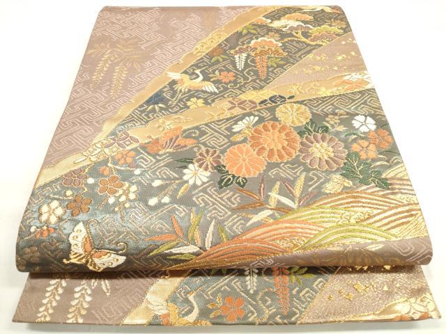 平和屋着物◎六通柄袋帯 唐織 雪芝花鳥舞蝶文 金糸 正絹 逸品 DABC5913xg