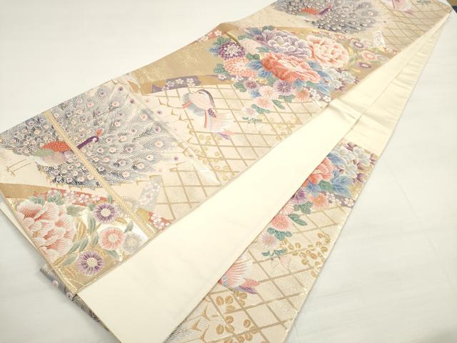 平和屋着物◎六通柄袋帯　唐織　青海孔雀草花文　金銀糸　正絹　逸品　DABC5941xg