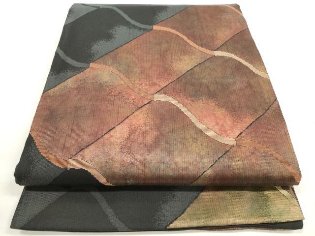平和屋着物◎六通柄袋帯　瓦文様　黒地　金糸　正絹　逸品　DABC5942xg