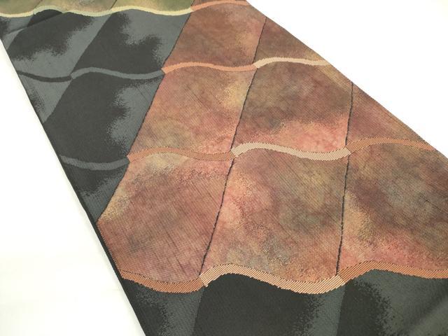 平和屋着物◎六通柄袋帯　瓦文様　黒地　金糸　正絹　逸品　DABC5942xg
