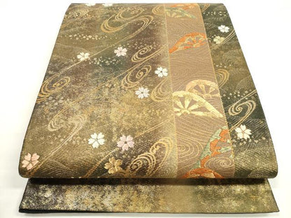 平和屋着物◎六通柄袋帯　片輪車花文　金糸　正絹　逸品　DABC5950xg