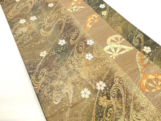 平和屋着物◎六通柄袋帯　片輪車花文　金糸　正絹　逸品　DABC5950xg