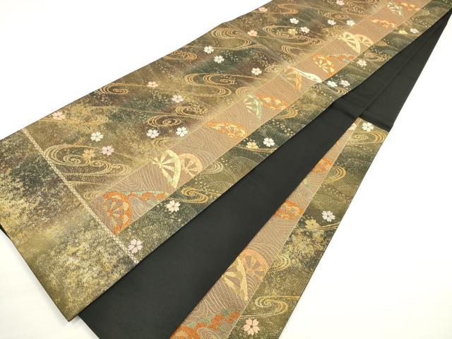 平和屋着物◎六通柄袋帯　片輪車花文　金糸　正絹　逸品　DABC5950xg