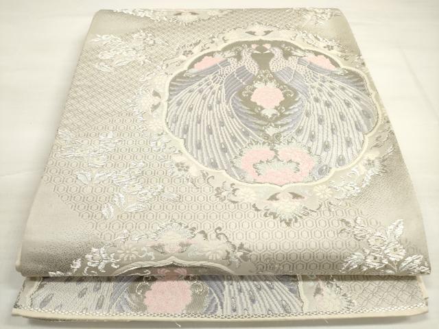 平和屋着物◎六通柄袋帯　唐織　鏡裏孔雀華文　プラチナ箔　正絹　逸品　DABC5958xg