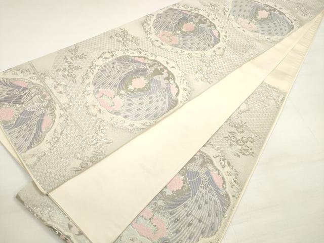 平和屋着物◎六通柄袋帯　唐織　鏡裏孔雀華文　プラチナ箔　正絹　逸品　DABC5958xg