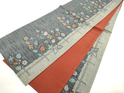 平和屋着物◎全通柄袋帯　紬地　草花文　正絹　逸品　DABC5965xg