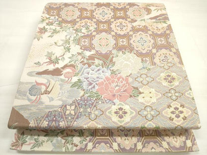 平和屋着物◎六通柄袋帯　雲取り花文　鴛鴦　金糸　正絹　逸品　DABC5970xg