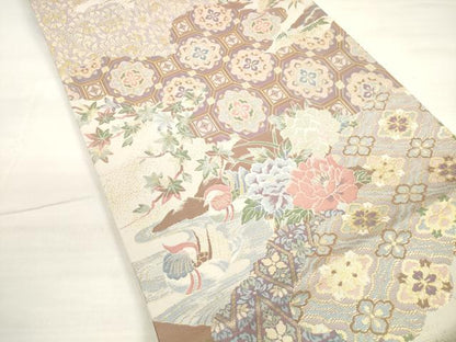 平和屋着物◎六通柄袋帯　雲取り花文　鴛鴦　金糸　正絹　逸品　DABC5970xg