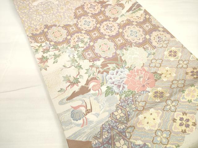 平和屋着物◎六通柄袋帯　雲取り花文　鴛鴦　金糸　正絹　逸品　DABC5970xg