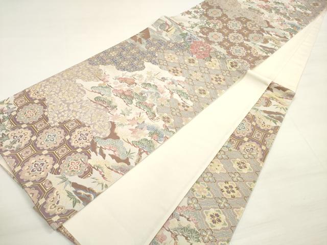 平和屋着物◎六通柄袋帯　雲取り花文　鴛鴦　金糸　正絹　逸品　DABC5970xg