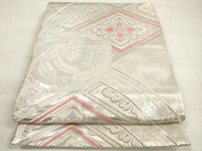 平和屋着物◎両面　全通柄袋帯　唐織　鳳凰花菱文　銀糸　正絹　逸品　DABC5994xg