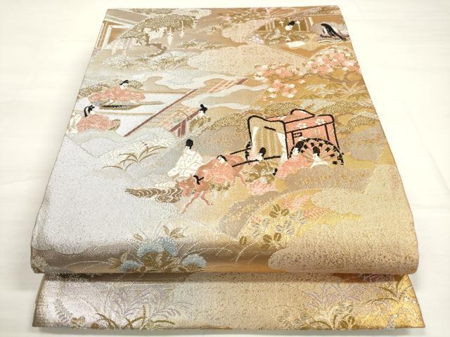 平和屋着物◎西陣　六通柄袋帯　唐織　地紙人物風景文　金銀糸　証紙付き　正絹　逸品　DABC5996xg