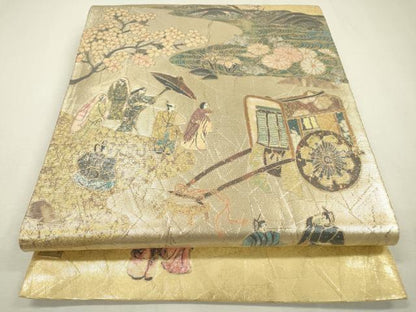 平和屋着物▼六通柄袋帯　螺鈿箔　平安宮廷絵巻　時代屏風　金銀彩　正絹　逸品　DABC6042fe
