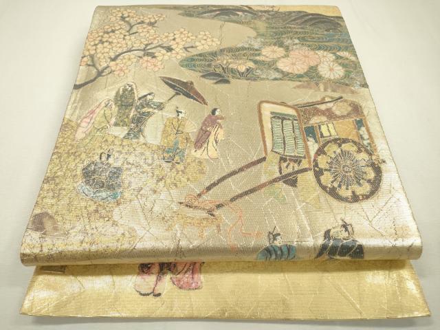 平和屋着物▼六通柄袋帯　螺鈿箔　平安宮廷絵巻　時代屏風　金銀彩　正絹　逸品　DABC6042fe