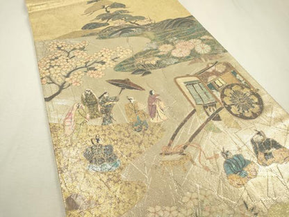 平和屋着物▼六通柄袋帯　螺鈿箔　平安宮廷絵巻　時代屏風　金銀彩　正絹　逸品　DABC6042fe