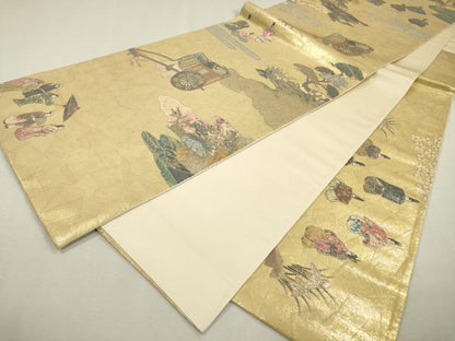 平和屋着物▼六通柄袋帯　螺鈿箔　平安宮廷絵巻　時代屏風　金銀彩　正絹　逸品　DABC6042fe