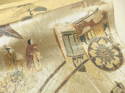 平和屋着物▼六通柄袋帯　螺鈿箔　平安宮廷絵巻　時代屏風　金銀彩　正絹　逸品　DABC6042fe
