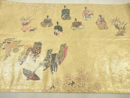 平和屋着物▼六通柄袋帯　螺鈿箔　平安宮廷絵巻　時代屏風　金銀彩　正絹　逸品　DABC6042fe