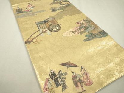 平和屋着物▼六通柄袋帯　螺鈿箔　平安宮廷絵巻　時代屏風　金銀彩　正絹　逸品　DABC6042fe