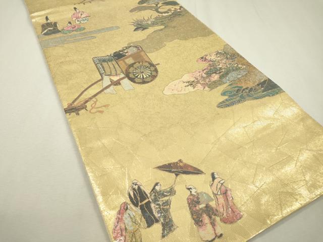 平和屋着物▼六通柄袋帯　螺鈿箔　平安宮廷絵巻　時代屏風　金銀彩　正絹　逸品　DABC6042fe