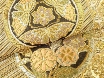 平和屋着物▼六通柄袋帯　舞蝶花丸文　金糸　正絹　逸品　DABC6152fe