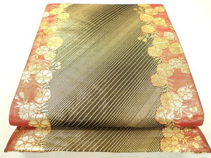 平和屋着物▼佐賀錦 両面 六通柄袋帯 斜線文 金糸 正絹 逸品 DABC6168fe