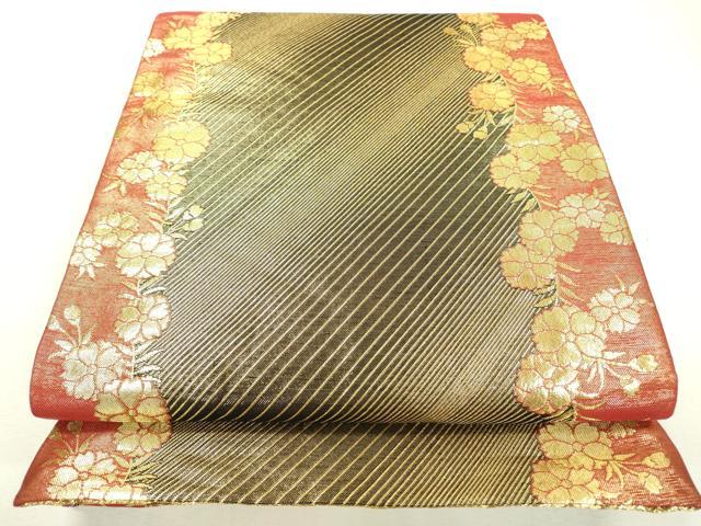 平和屋着物▼佐賀錦 両面 六通柄袋帯 斜線文 金糸 正絹 逸品 DABC6168fe