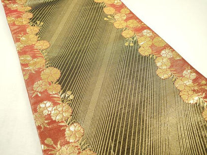 平和屋着物▼佐賀錦 両面 六通柄袋帯 斜線文 金糸 正絹 逸品 DABC6168fe