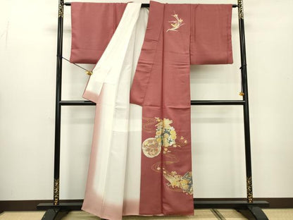 平和屋着物▼訪問着 手描き 流水花文 金銀彩 銀通し地 正絹 逸品 DABC6230fe
