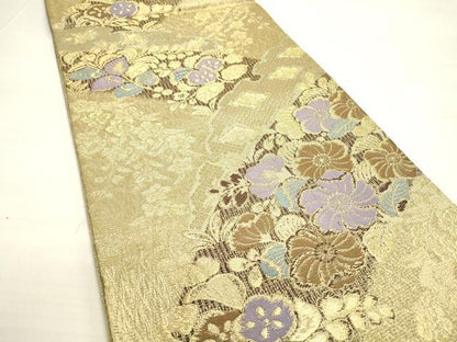 平和屋着物▽六通柄袋帯 スリーシーズン 春夏秋 櫛織 辻が花 金糸 正絹 逸品 DABC6246fe