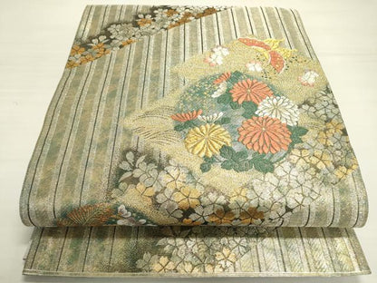 平和屋着物▼六通柄袋帯 唐織 寿菱花の丸文 金銀糸 引箔 正絹 逸品 DABC6271fe