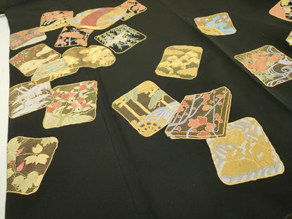 平和屋着物▼豪華黒留袖 駒刺繍 総刺繍 色紙花鳥文 金糸 正絹 逸品 DABC6290fe