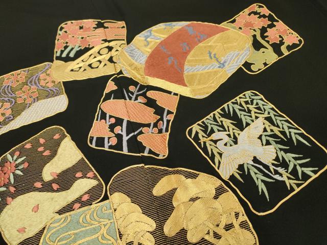 平和屋着物▼豪華黒留袖 駒刺繍 総刺繍 色紙花鳥文 金糸 正絹 逸品 DABC6290fe