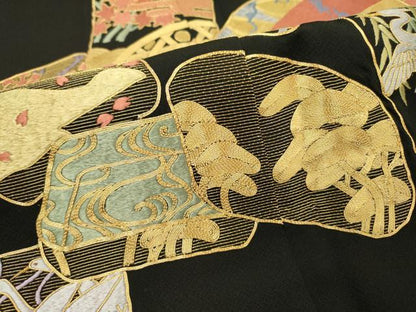 平和屋着物▼豪華黒留袖 駒刺繍 総刺繍 色紙花鳥文 金糸 正絹 逸品 DABC6290fe