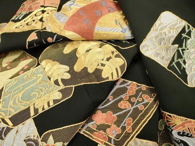 平和屋着物▼豪華黒留袖 駒刺繍 総刺繍 色紙花鳥文 金糸 正絹 逸品 DABC6290fe