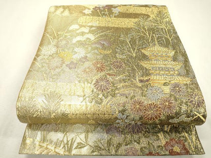 平和屋着物▼六通柄袋帯 風景花文 金糸 正絹 逸品 DABC6395fe