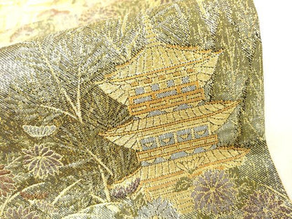 平和屋着物▼六通柄袋帯 風景花文 金糸 正絹 逸品 DABC6395fe