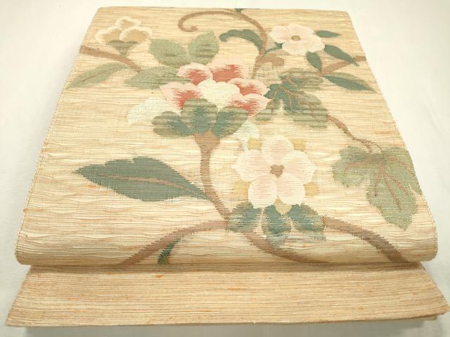 平和屋着物▽太鼓柄袋帯 スリーシーズン 春夏秋 すくい織 更紗花唐草文 金糸 正絹 逸品 未使用 DABC6414fe