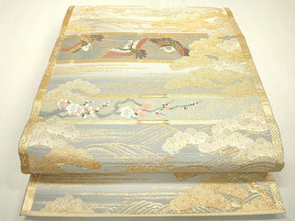 平和屋着物▼六通柄袋帯 刻糸織 飛鶴枝梅文 金銀糸 正絹 逸品 DABC6475fe