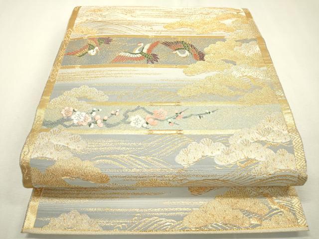 平和屋着物▼六通柄袋帯 刻糸織 飛鶴枝梅文 金銀糸 正絹 逸品 DABC6475fe