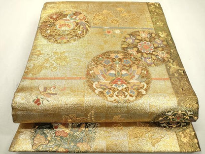 平和屋着物▼佐賀錦 両面 六通柄袋帯 唐織 花鳥丸文 金銀糸 正絹 逸品 DABC6504fe