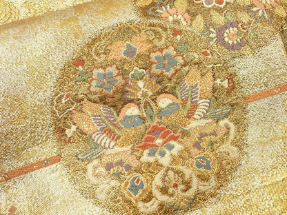 平和屋着物▼佐賀錦 両面 六通柄袋帯 唐織 花鳥丸文 金銀糸 正絹 逸品 DABC6504fe