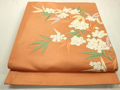 平和屋着物▼太鼓柄袋帯　総刺繍　紫陽花　金通し地　正絹　逸品　DABC6515fe