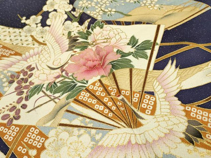 平和屋着物▼豪華色留袖 扇面飛鶴花文 金彩 金通し地 正絹 逸品 DABC6598fe